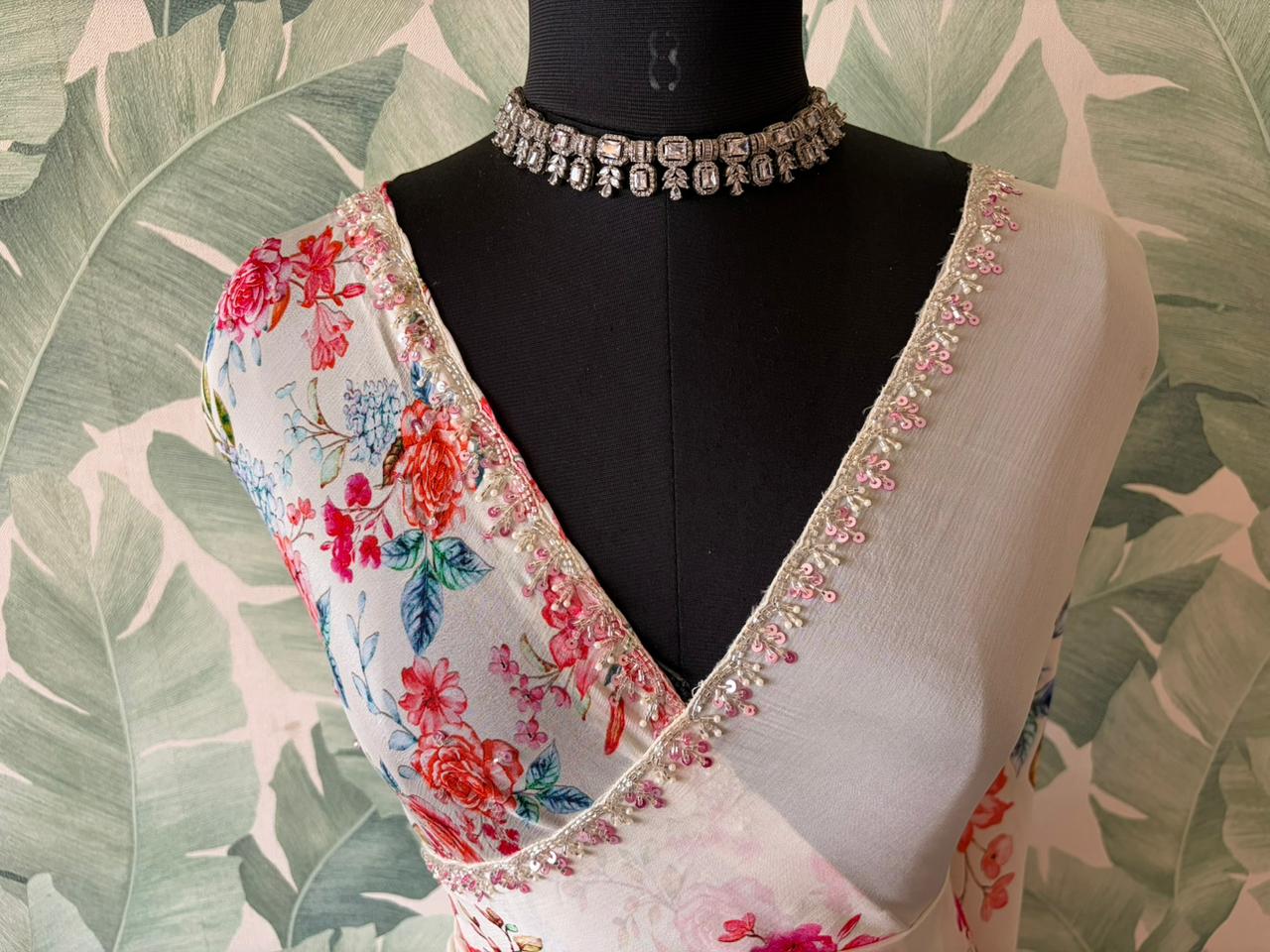 Exclusive premium pure chinnon silk saree embellished with intricate pearl sequins cut daana handwork
