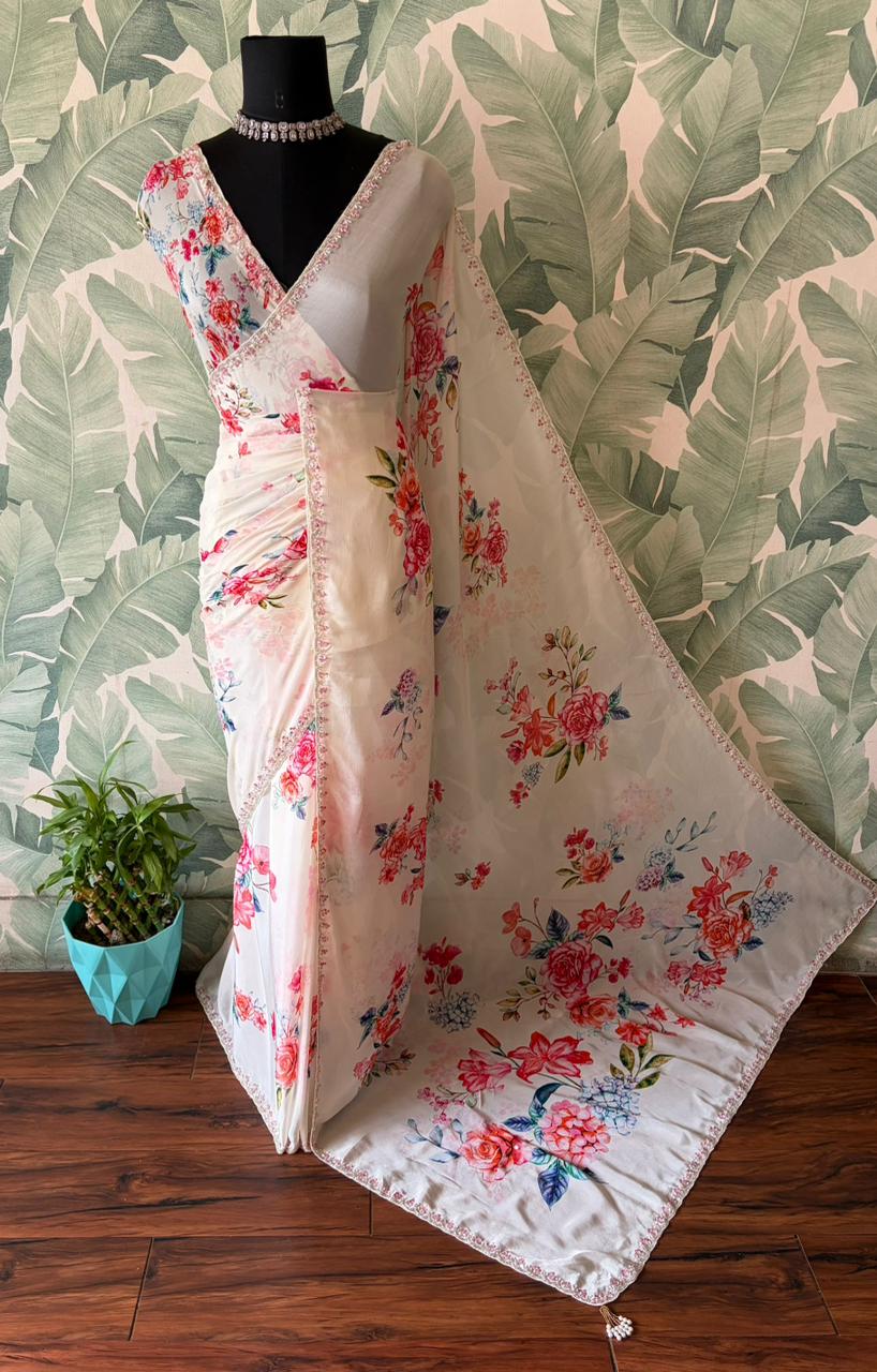Exclusive premium pure chinnon silk saree embellished with intricate pearl sequins cut daana handwork