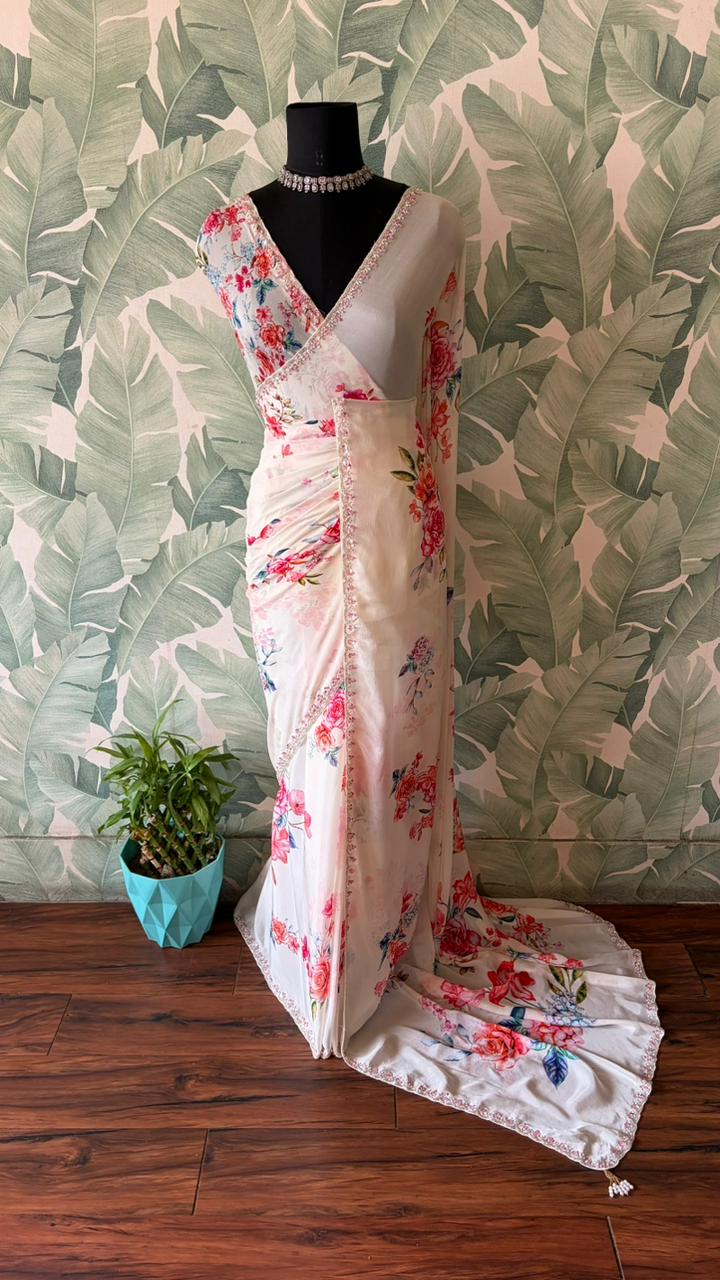 Exclusive premium pure chinnon silk saree embellished with intricate pearl sequins cut daana handwork