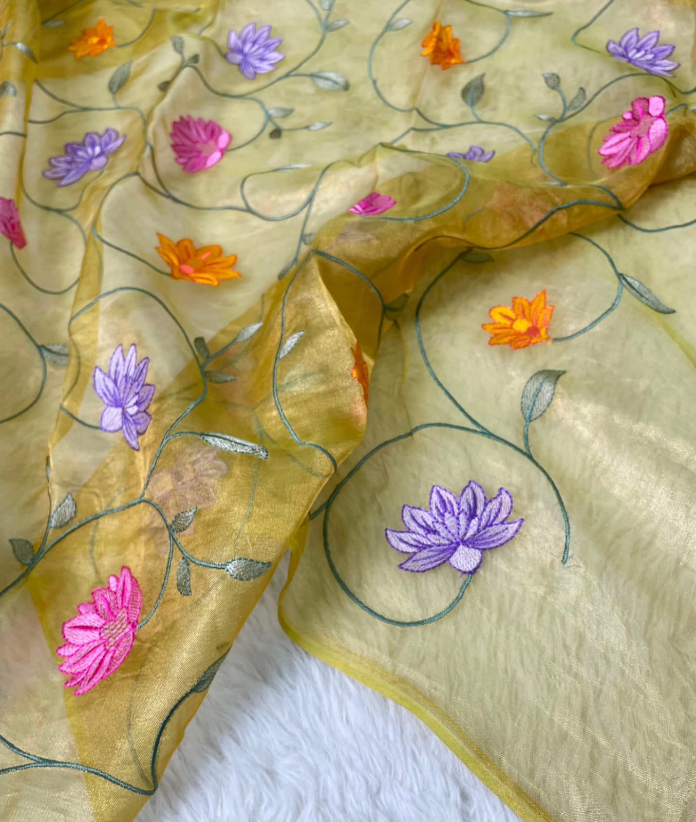 Banarasi Pure Tissue Saree adorned with intricate embroidery, enriched with luxurious silver zari weaving