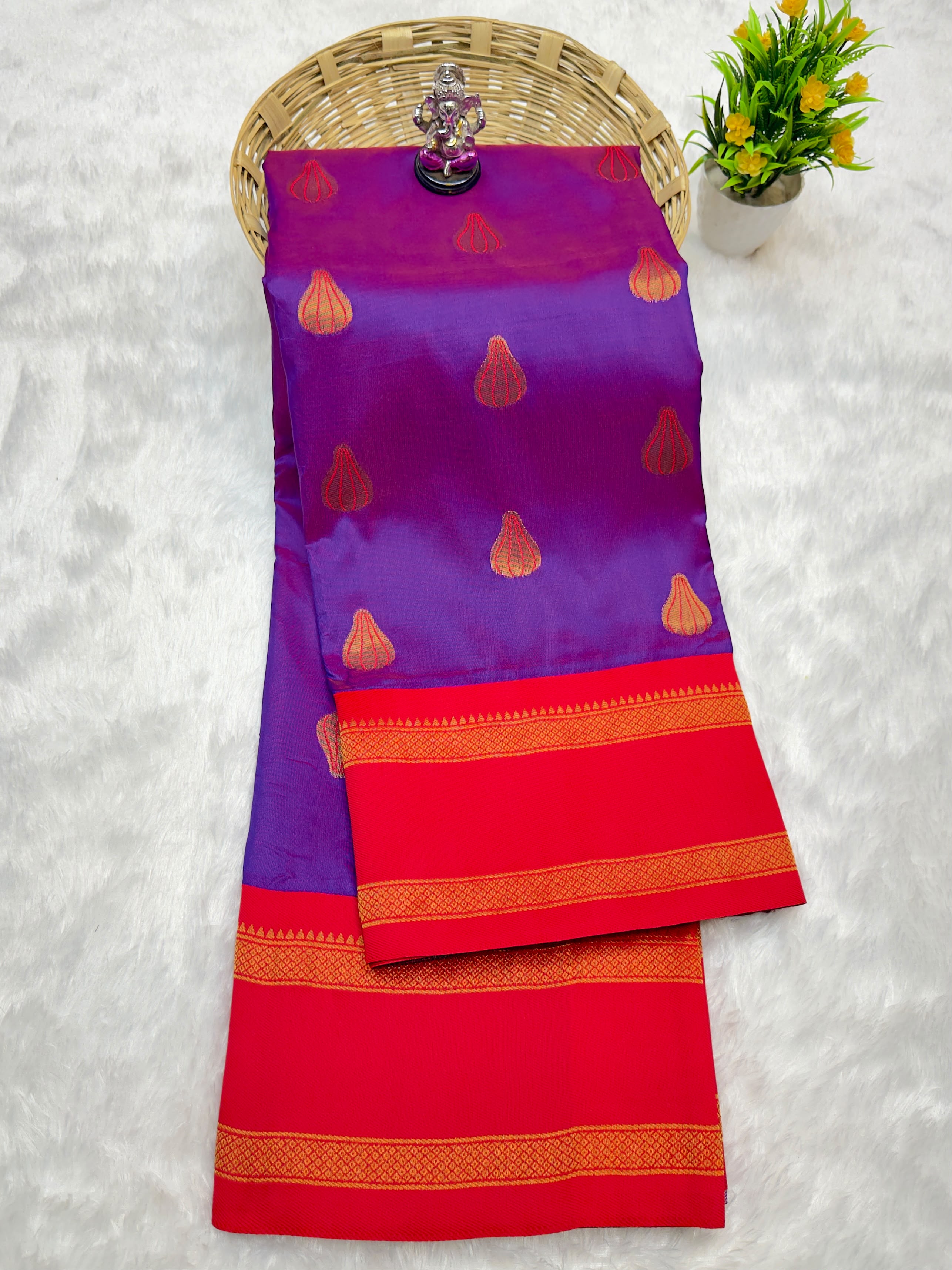Shree Modak Paithani Premium Katan Silk purple red Saree with all-over zari Modak butti and contrast zari border blouse piece