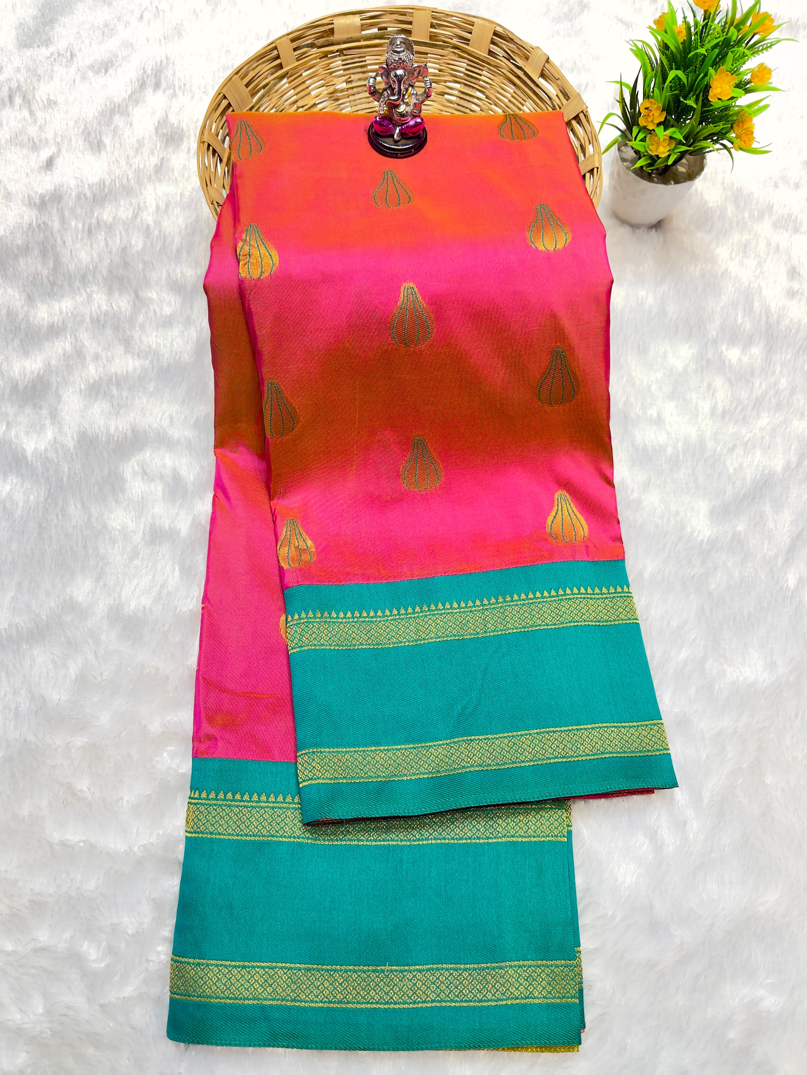 Shree Modak Paithani Premium Katan Silk Rani pink blue Saree with all-over zari Modak butti and contrast zari border blouse piece