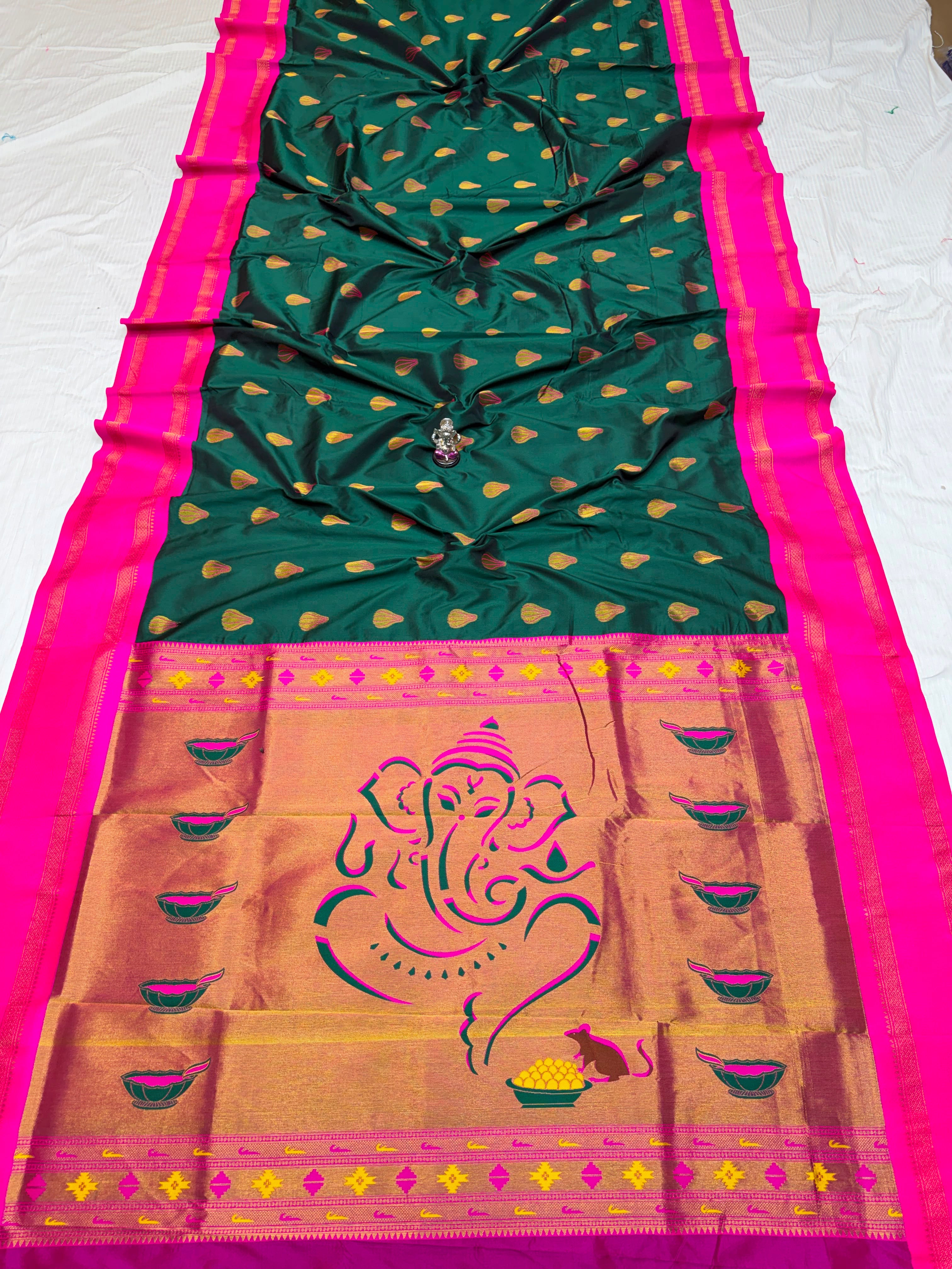 Shree Modak Paithani Premium Katan Silk Dark Green Rani Pink Saree
