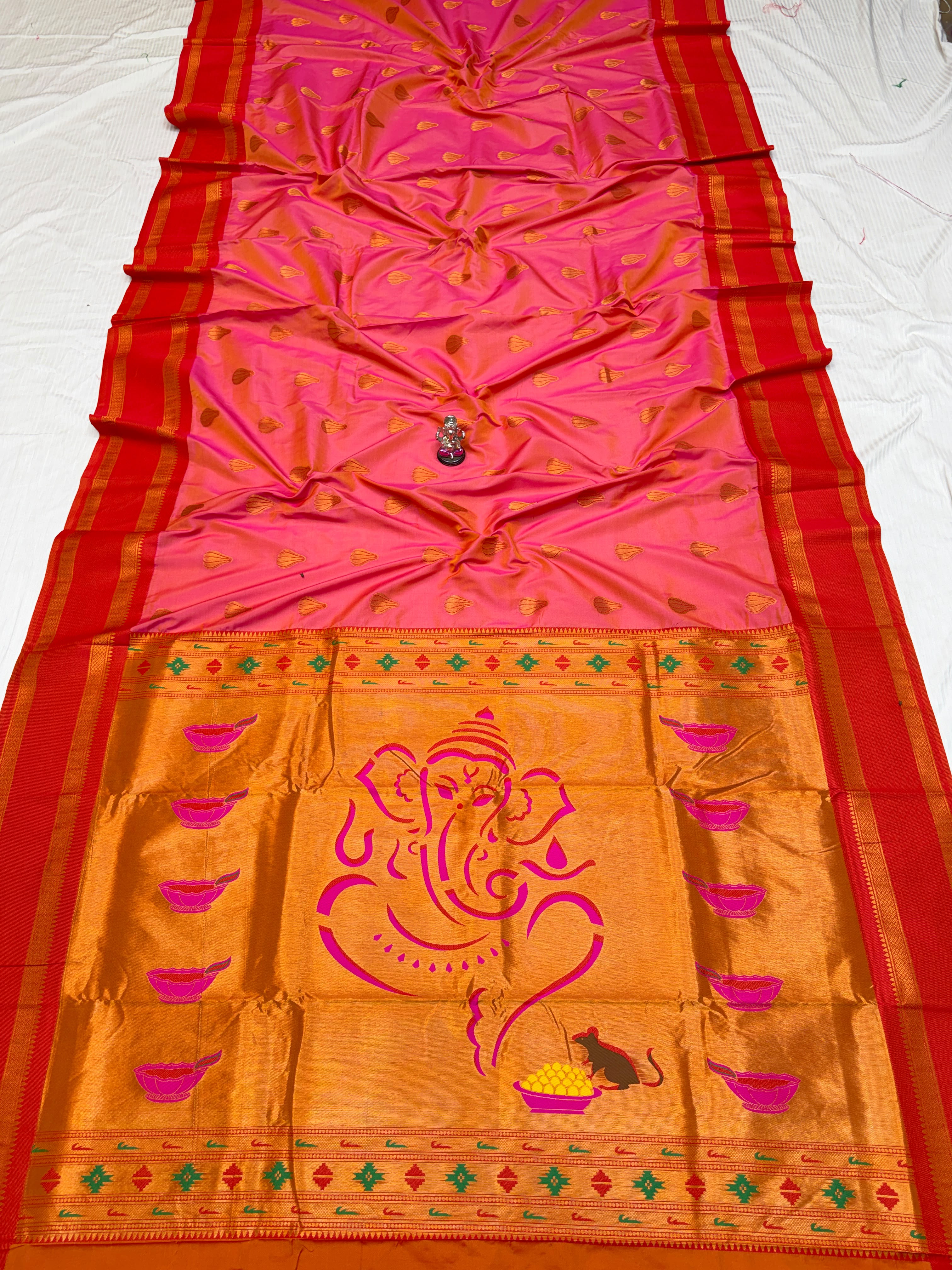 Shree Modak Paithani Premium Katan Pink Red Silk Saree
