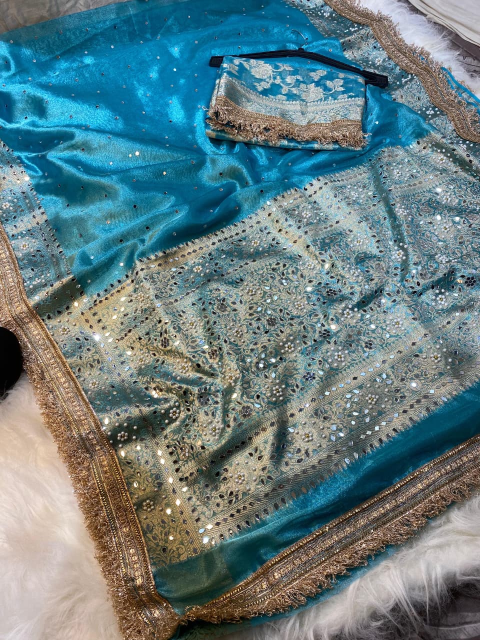 Mirror Work Tissue Silk Banarasi Saree with Lace Attached