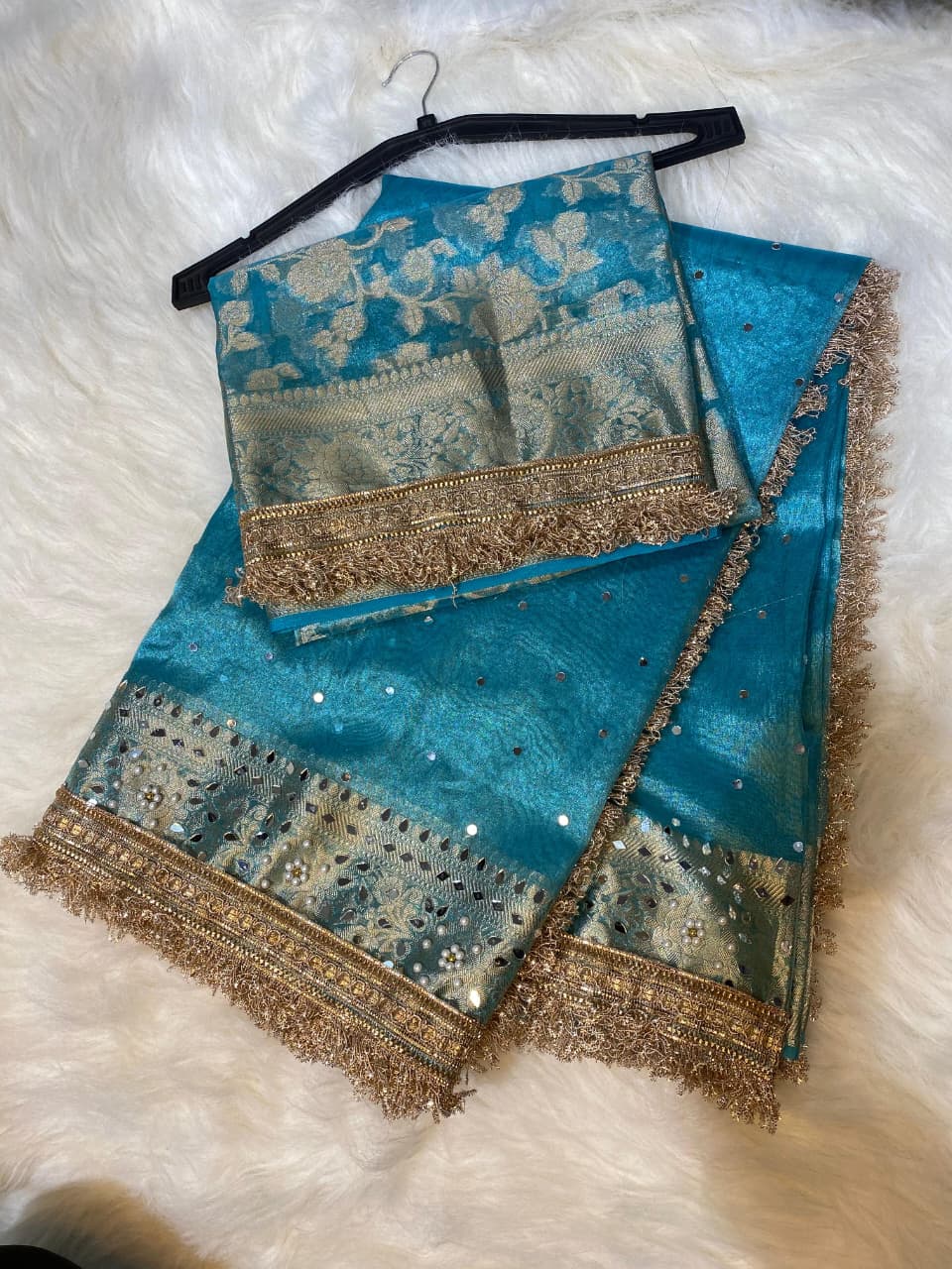 Mirror Work Tissue Silk Banarasi Saree with Lace Attached