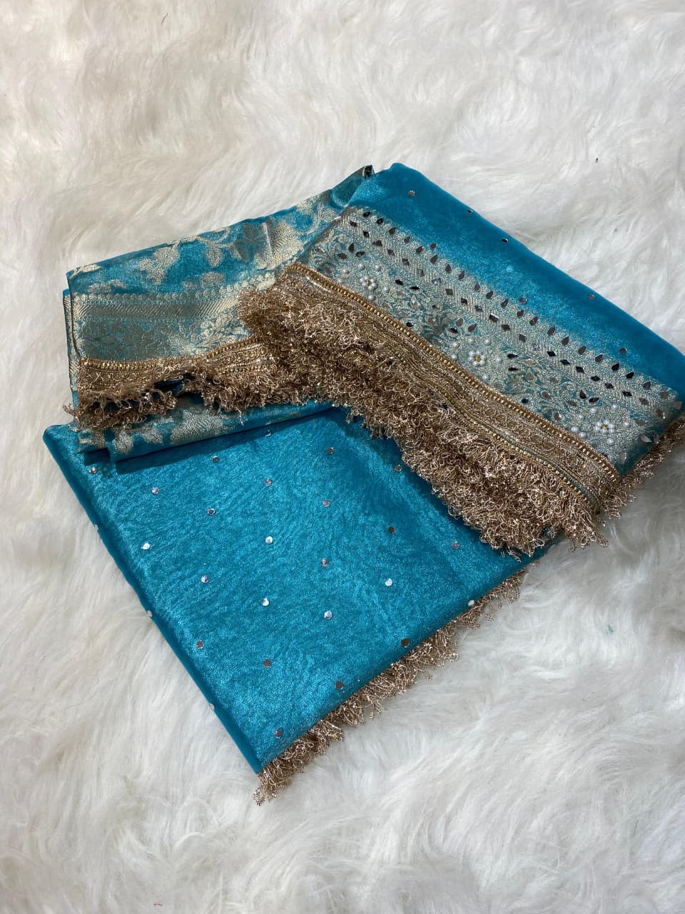 Mirror Work Tissue Silk Banarasi Saree with Lace Attached