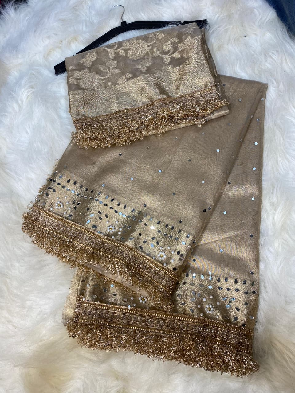 Mirror Work Silver Tissue Silk Banarasi Saree with lace attached, heavy mirror work pallu and rose flower weaving blouse.