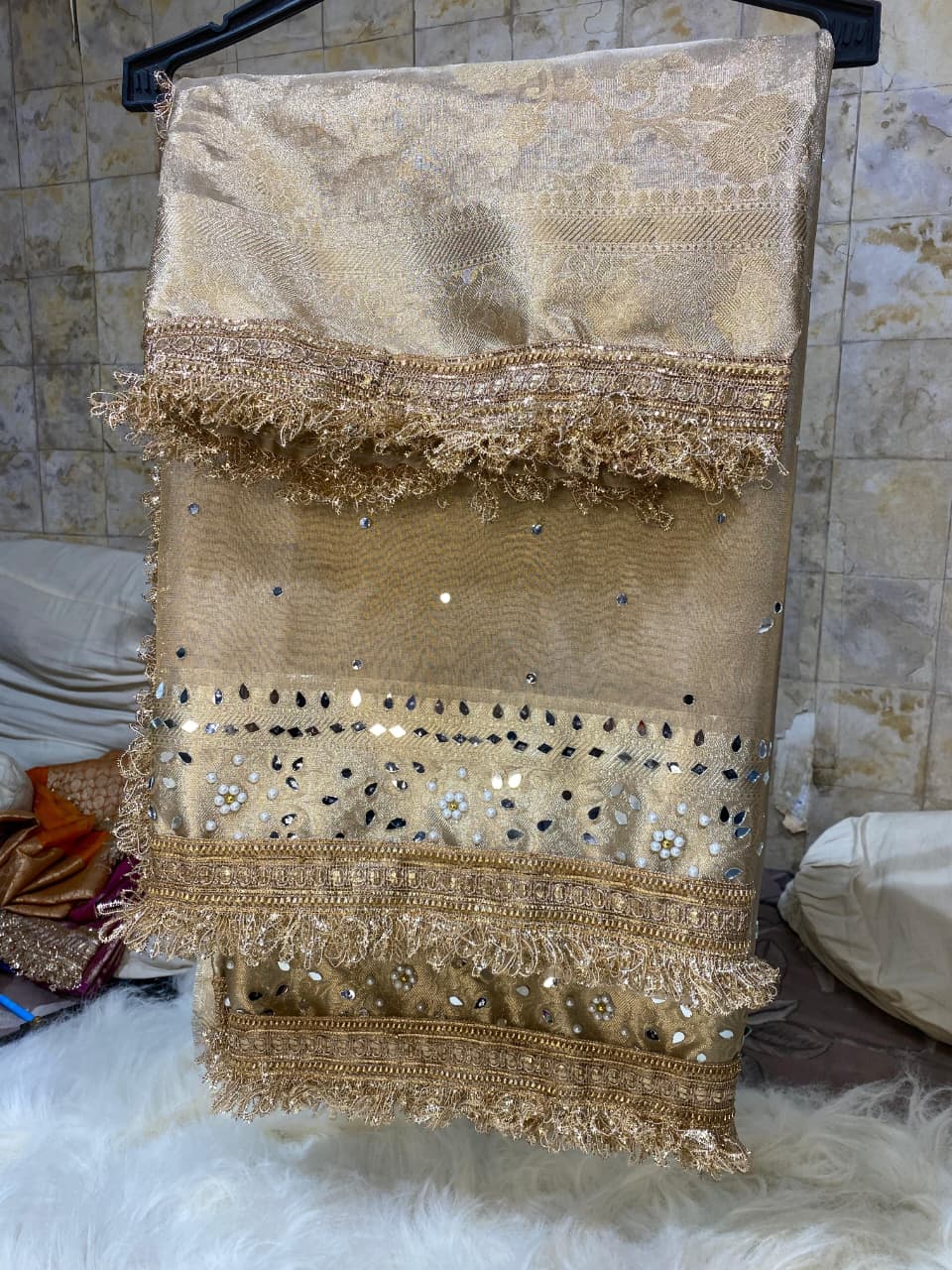 Mirror Work Silver  Tissue Silk Banarasi Saree with lace attached, heavy mirror work pallu and rose flower weaving blouse.