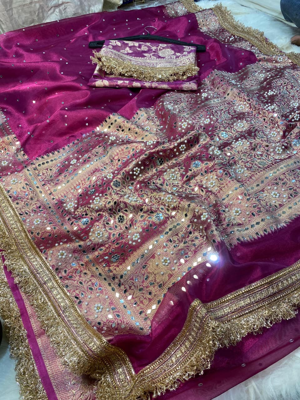 Mirror Work Tissue Silk Banarasi Saree with lace attached, heavy mirror work pallu and rose flower weaving blouse.