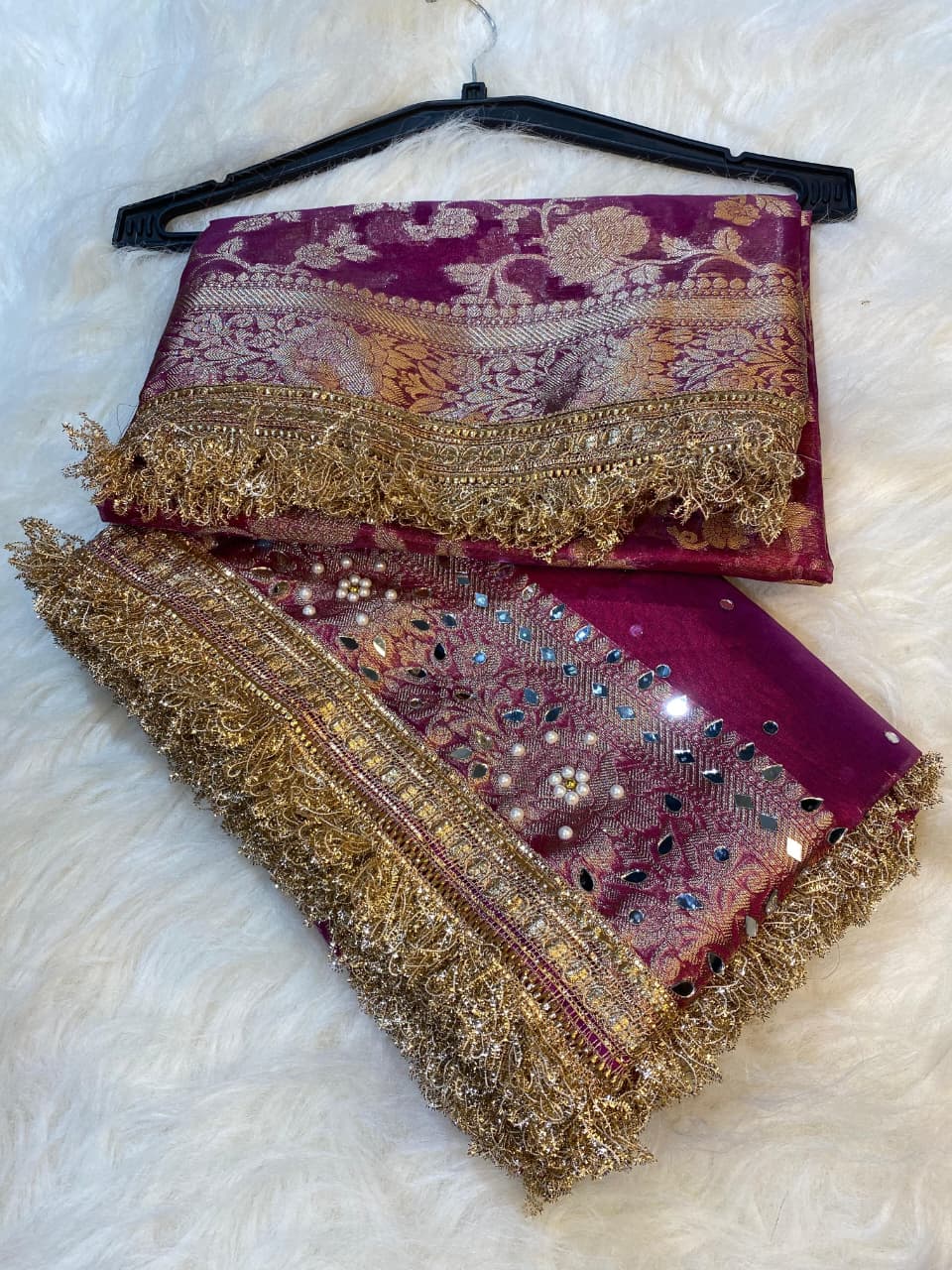 Mirror Work Tissue Silk Banarasi Saree with Lace Attached