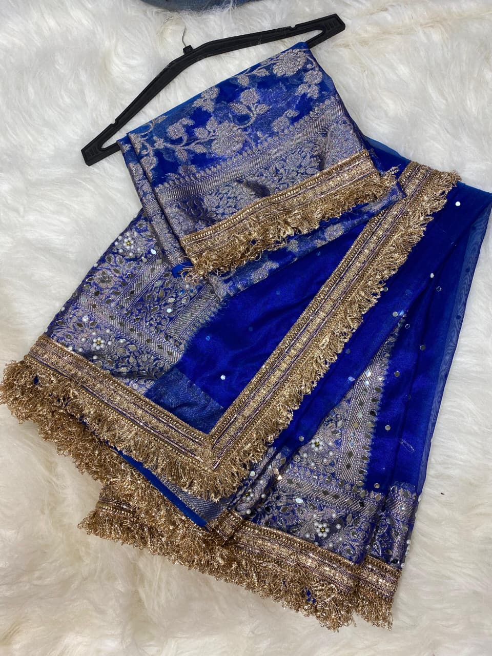 Mirror Work Blue Tissue Silk Banarasi Saree with lace attached, heavy mirror work pallu and rose flower weaving blouse.