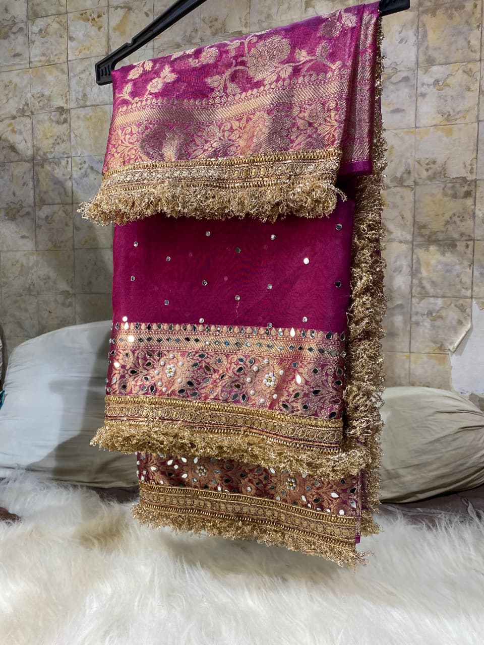 Mirror Work Tissue Silk Banarasi Saree with Lace Attached