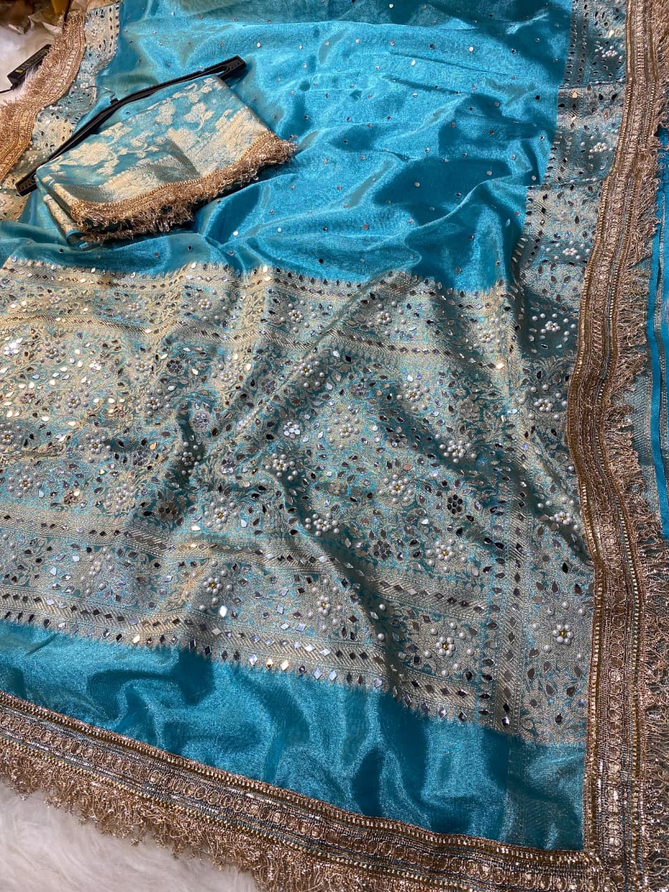 Mirror Work Tissue Silk Banarasi Saree with Lace Attached