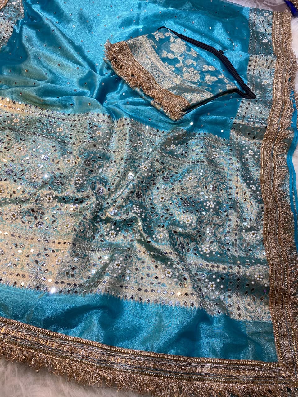 Mirror Work Tissue Silk Banarasi Saree with Lace Attached