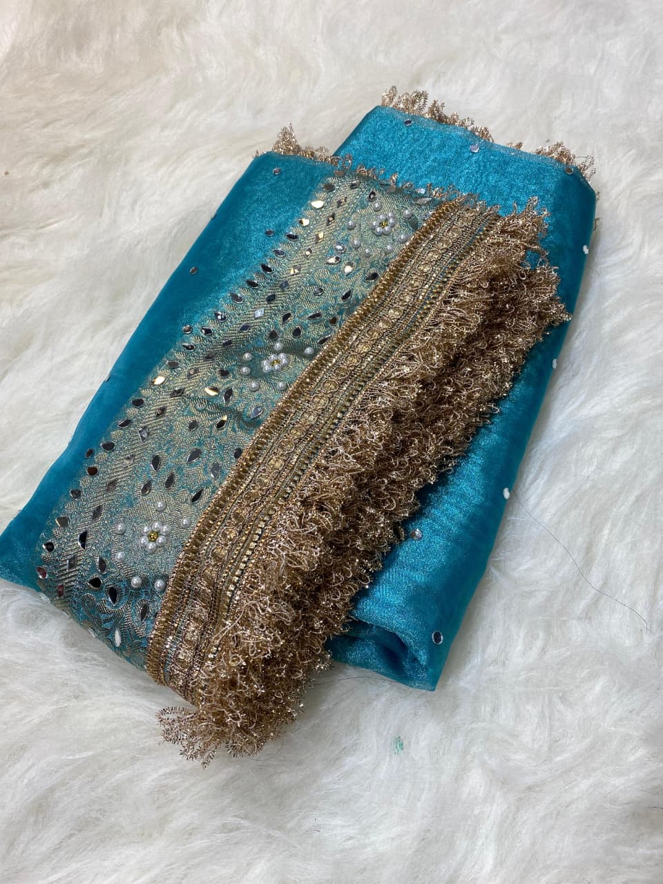 Mirror Work Tissue Silk Banarasi Saree with Lace Attached
