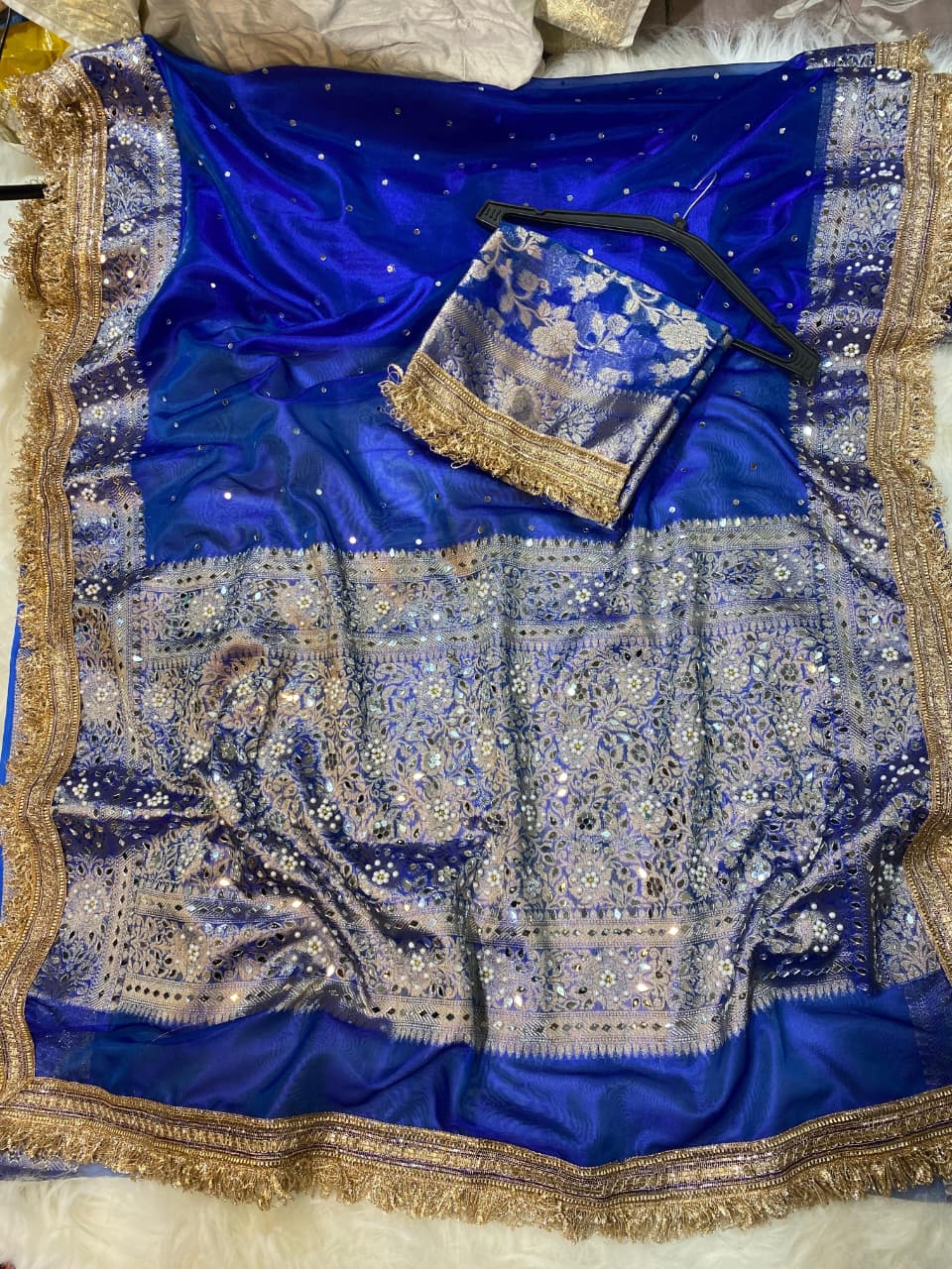 Mirror Work Tissue Silk Banarasi Saree with Lace Attached