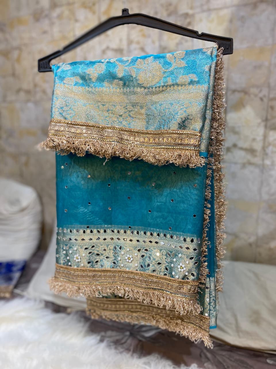 Mirror Work Tissue Silk Banarasi Saree with Lace Attached