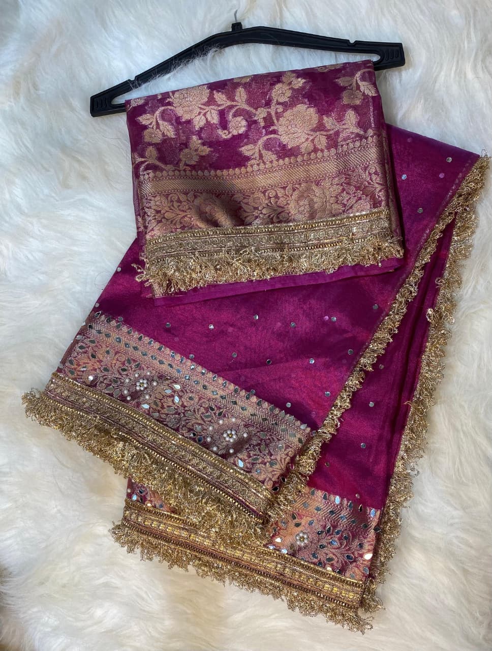 Mirror Work Tissue Silk Banarasi Saree with lace attached, heavy mirror work pallu and rose flower weaving blouse.