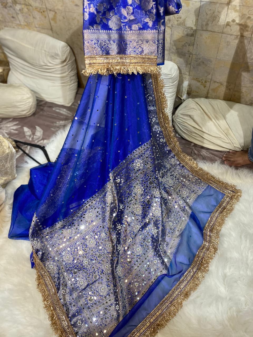 Mirror Work Blue Tissue Silk Banarasi Saree with lace attached, heavy mirror work pallu and rose flower weaving blouse.