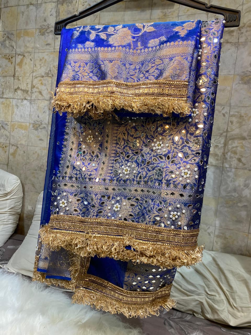 Mirror Work Blue Tissue Silk Banarasi Saree with lace attached, heavy mirror work pallu and rose flower weaving blouse.