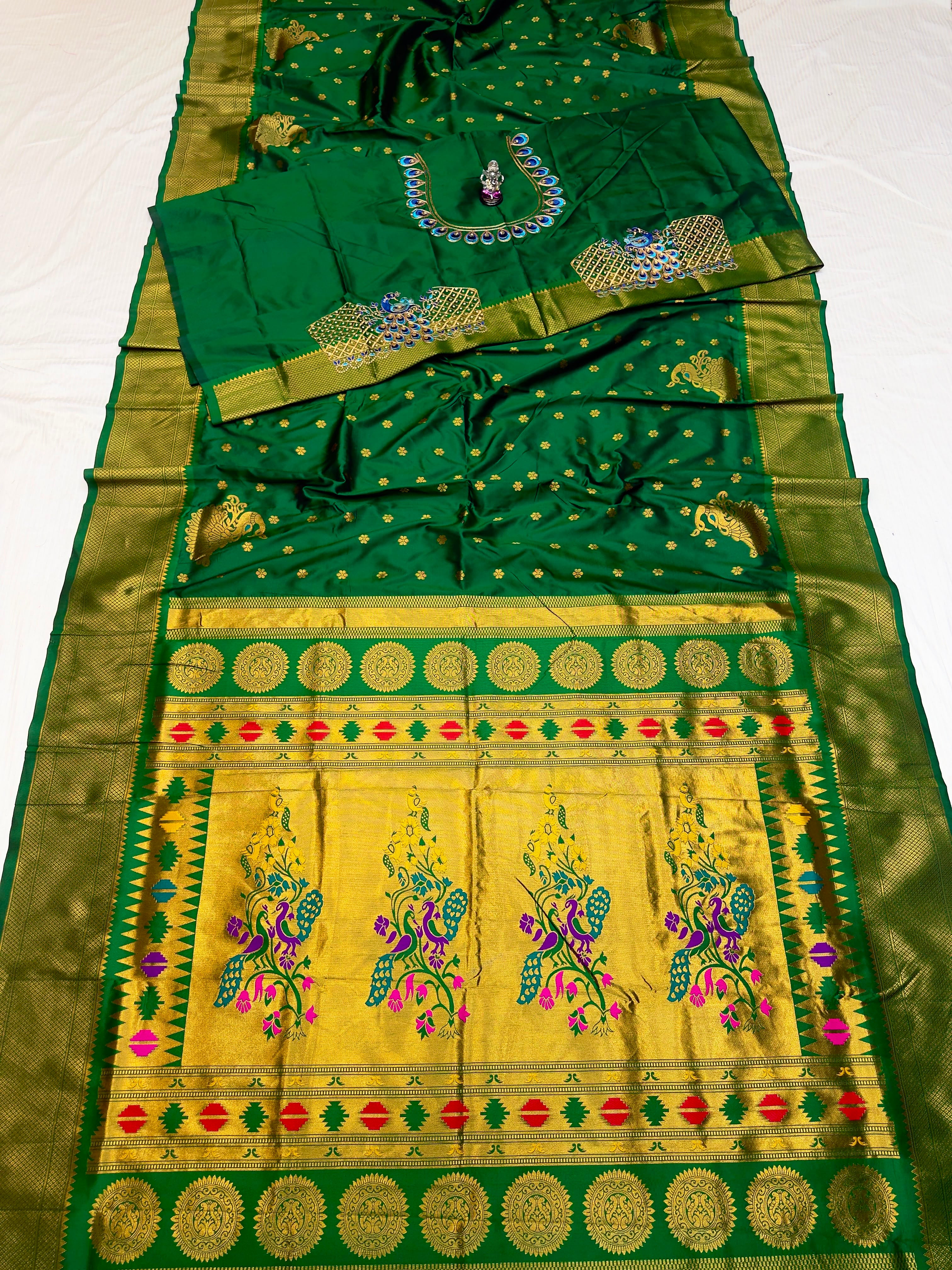 Saishaa Kalanjali Gren Paithani Saree in premium Tana Silk with allover zari butti and traditional Paithani pallu.