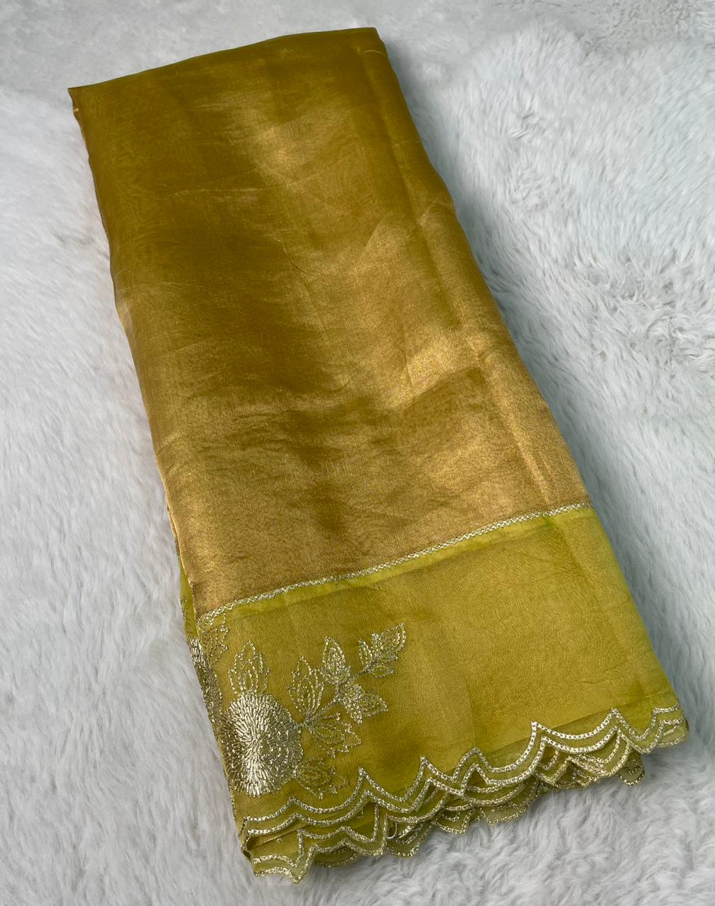 Banarasi Pure Tissue Embroidery Silk Saree with intricate embroidery work and attached designer border in premium lightweight tissue fabric for wedding and festive wear.
