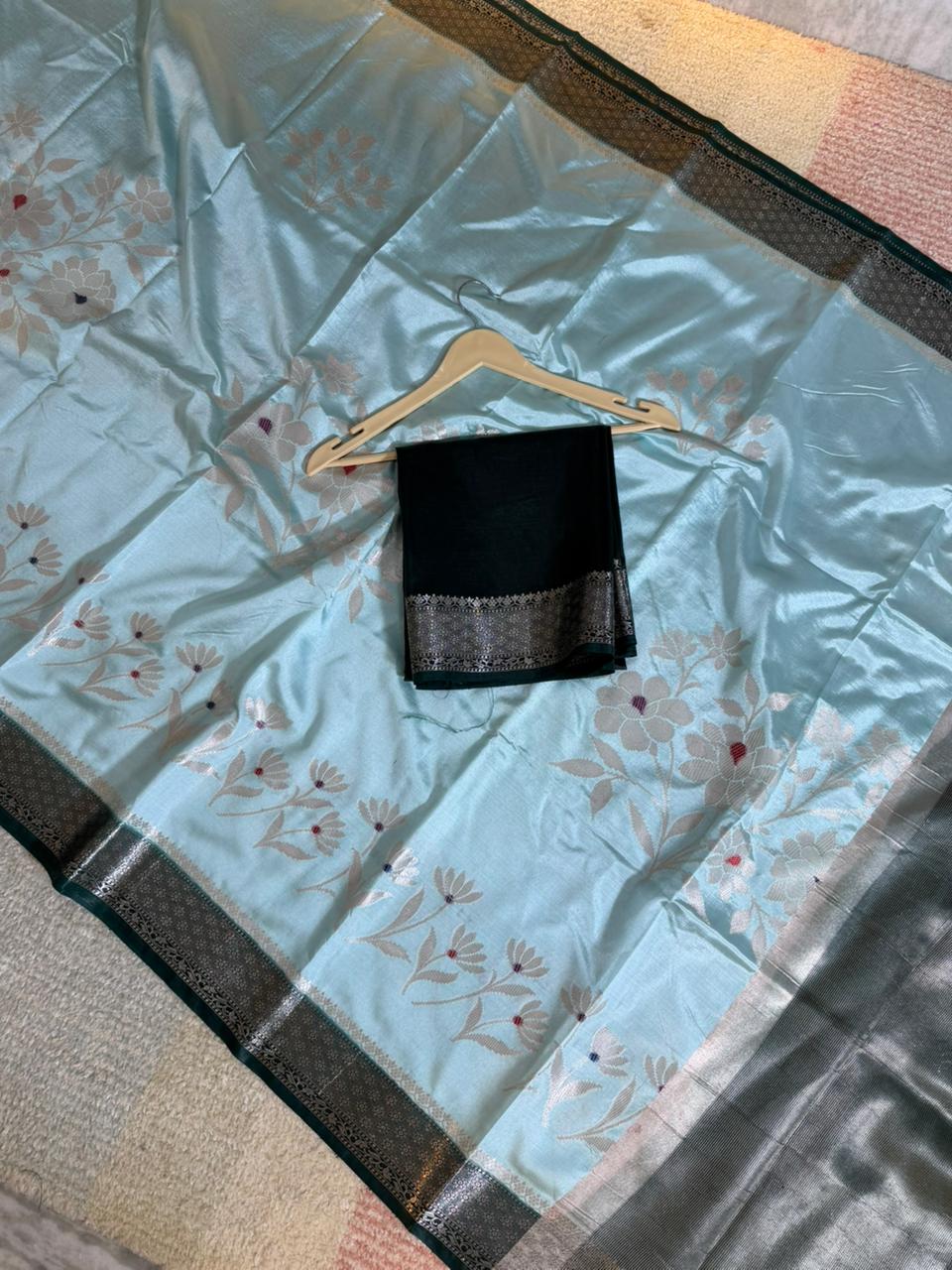 Beautiful Soft Vesoce Raw Mango Silk Premium Quality blue black Banarasi Saree with elegant zari weaving.