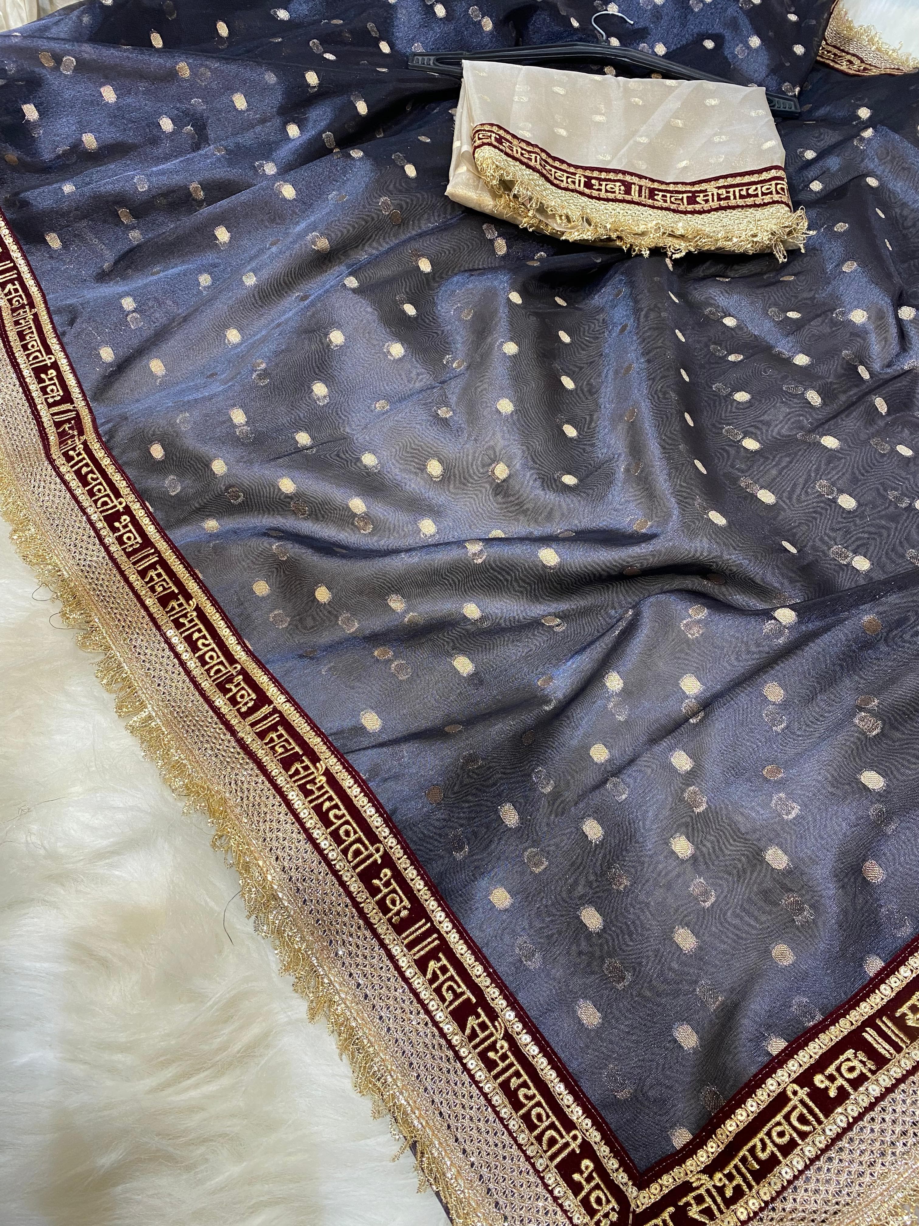 Beautiful Banarasi Soft Tissue Silk Dulhan Ki Navy blue silver Saree with luxurious Banarasi weaving, elegant bridal design, and rich traditional look for weddings and festive occasions.