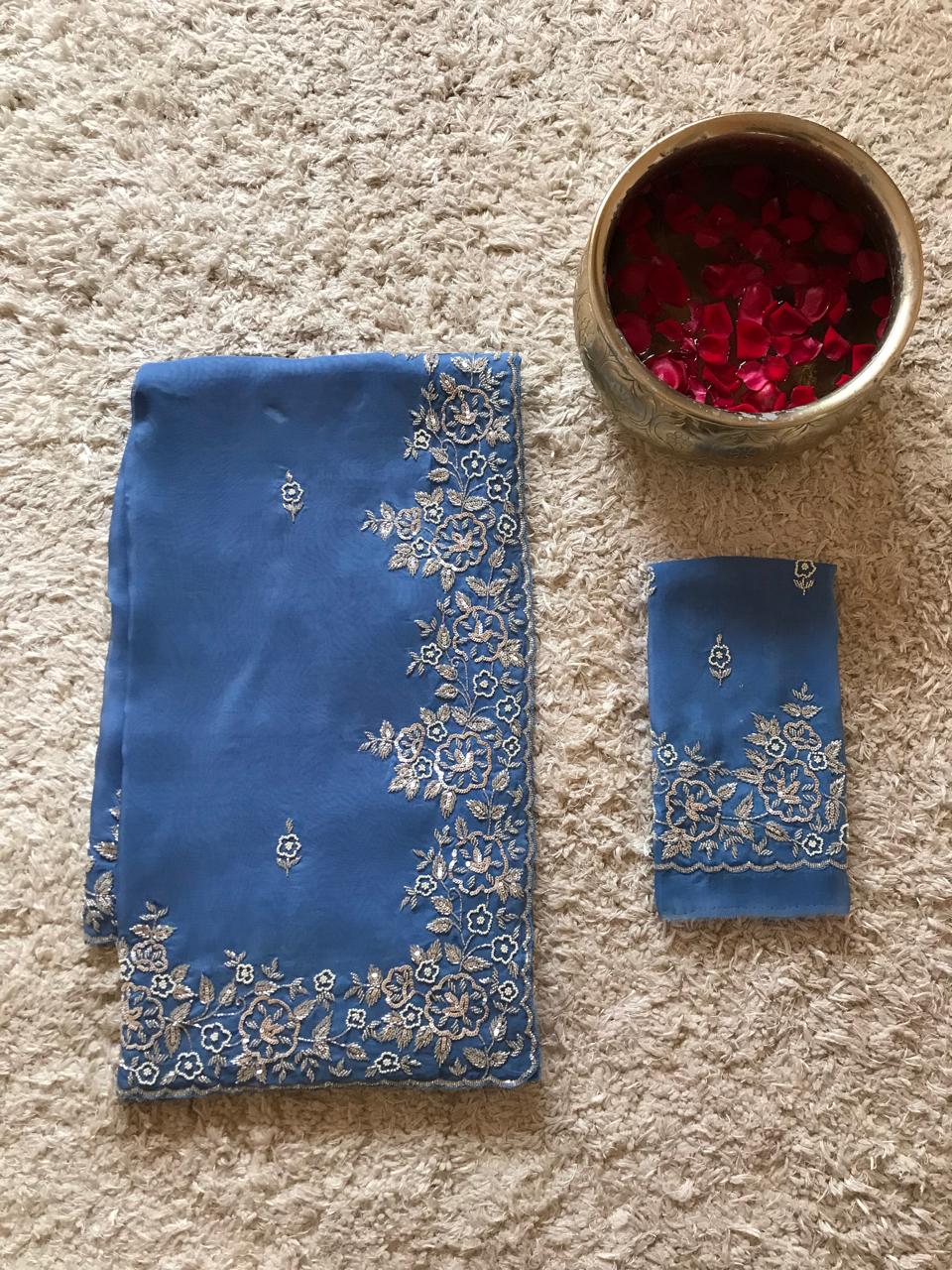 Ombré Shaded Blue Premium Pure Organza Silk Saree with Pearl Sequins Handwork and Contrast Designer Blouse Piece.