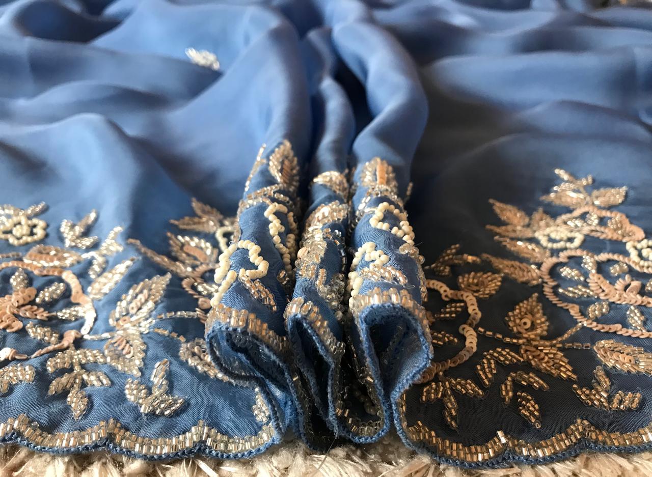 Ombré Shaded Blue Premium Pure Organza Silk Saree with Pearl Sequins Handwork and Contrast Designer Blouse Piece.
