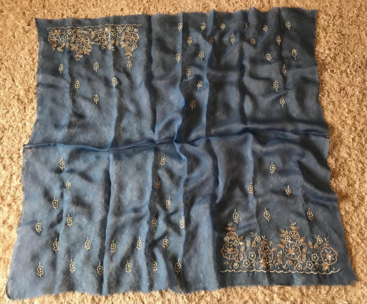 Ombré Shaded Blue Premium Pure Organza Silk Drapes Of Luxury Embellished With Pearl Sequins