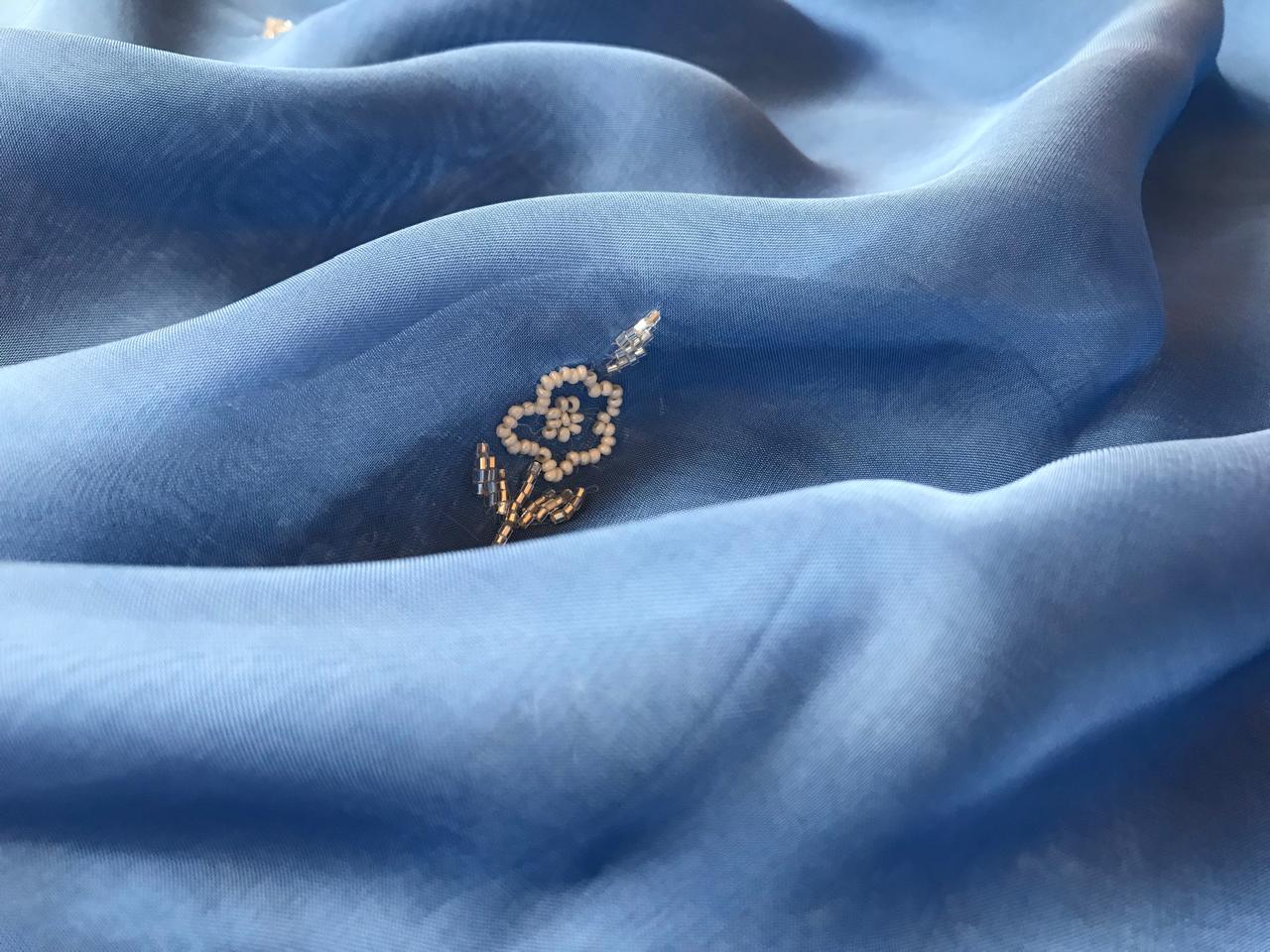 Ombré Shaded Blue Premium Pure Organza Silk Drapes Of Luxury Embellished With Pearl Sequins