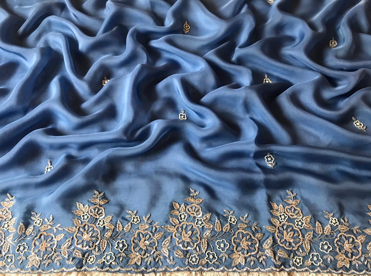 Ombré Shaded Blue Premium Pure Organza Silk Saree with Pearl Sequins Handwork and Contrast Designer Blouse Piece.