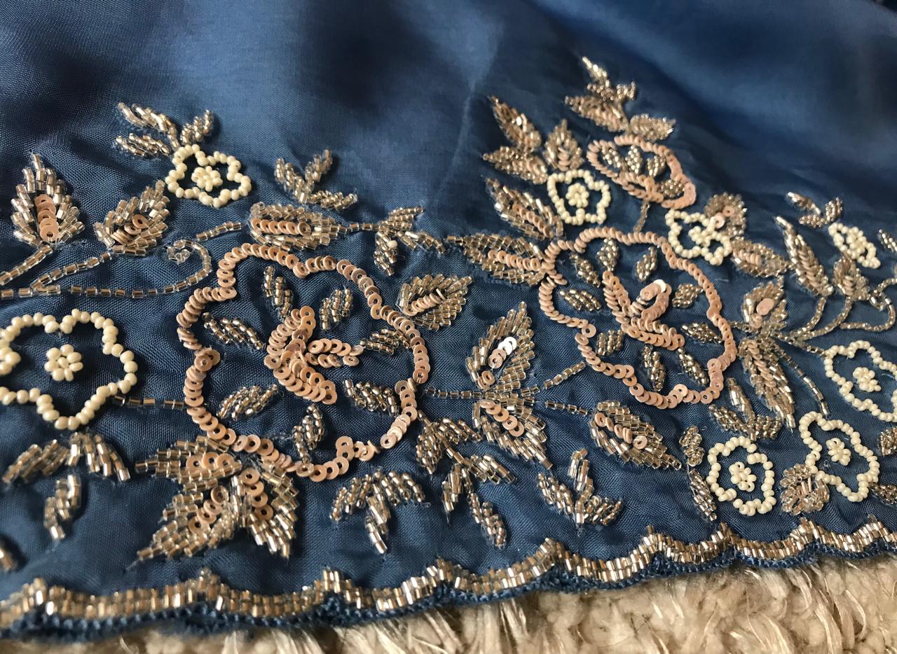 Ombré Shaded Blue Premium Pure Organza Silk Drapes Of Luxury Embellished With Pearl Sequins