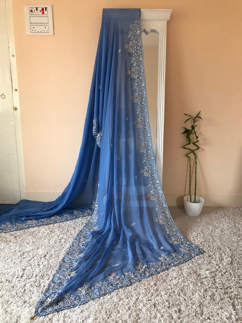 Ombré Shaded Blue Premium Pure Organza Silk Saree with Pearl Sequins Handwork and Contrast Designer Blouse Piece.