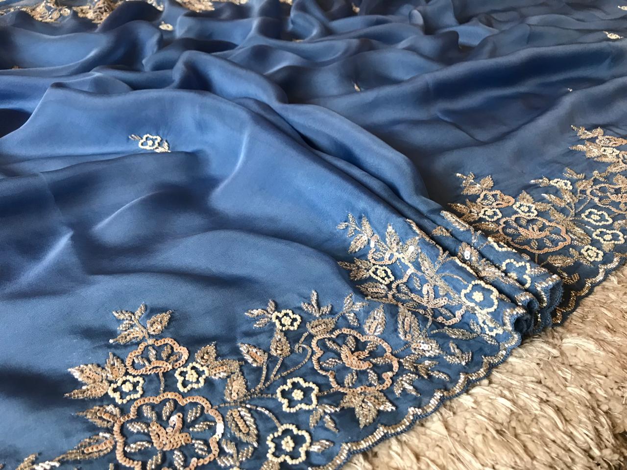 Ombré Shaded Blue Premium Pure Organza Silk Drapes Of Luxury Embellished With Pearl Sequins