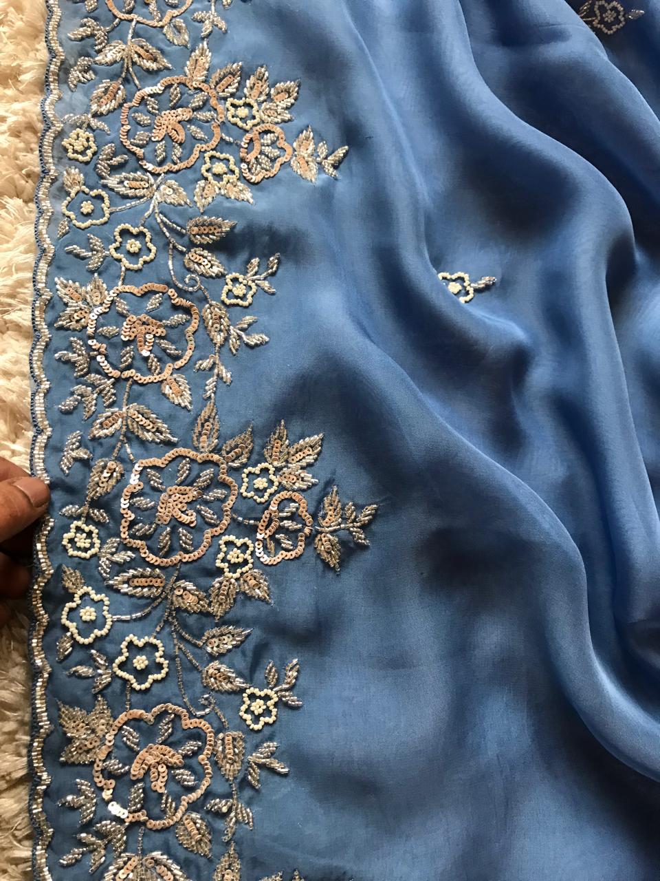 Ombré Shaded Blue Premium Pure Organza Silk Drapes Of Luxury Embellished With Pearl Sequins