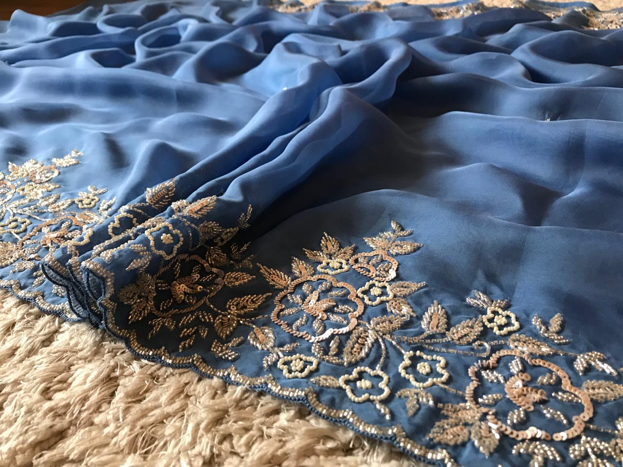 Ombré Shaded Blue Premium Pure Organza Silk Drapes Of Luxury Embellished With Pearl Sequins