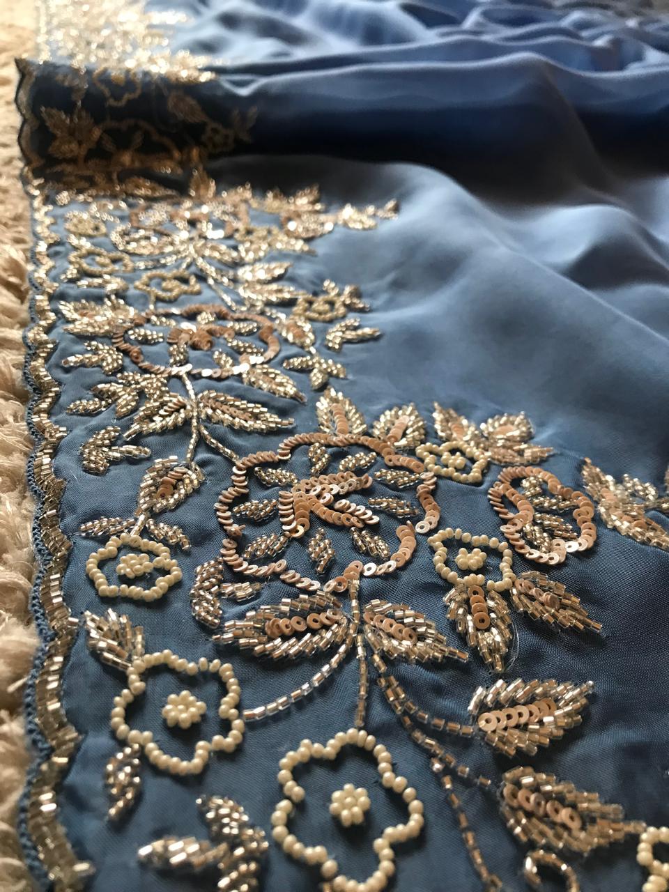 Ombré Shaded Blue Premium Pure Organza Silk Drapes Of Luxury Embellished With Pearl Sequins