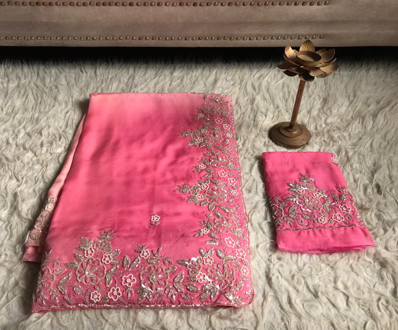 Ombré Shaded Pink Premium Pure Organza Silk Saree with Pearl Sequins Handwork and Contrast Designer Blouse Piece.