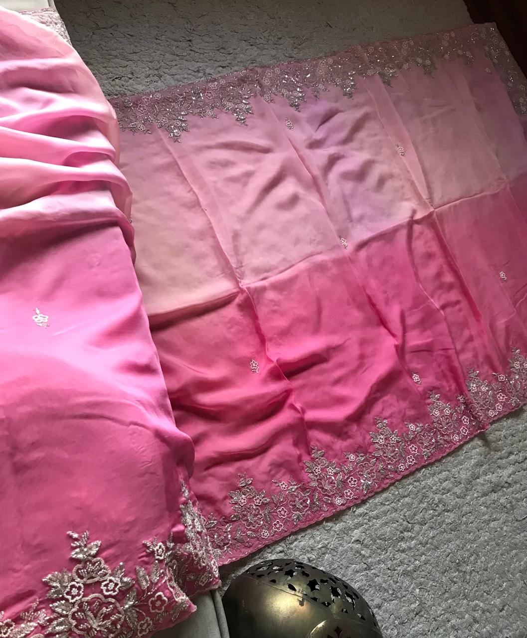 Ombré Shaded Pink Premium Pure Organza Silk Saree with Pearl Sequins Handwork and Contrast Designer Blouse Piece.