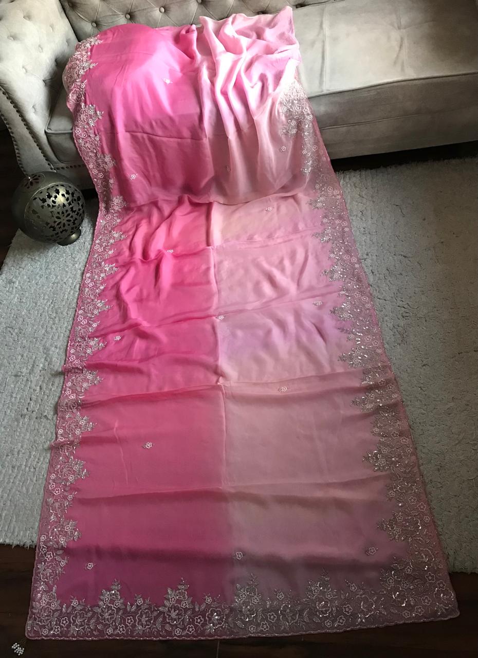 Ombré Shaded Pink Premium Pure Organza Silk Saree with Pearl Sequins Handwork and Contrast Designer Blouse Piece.