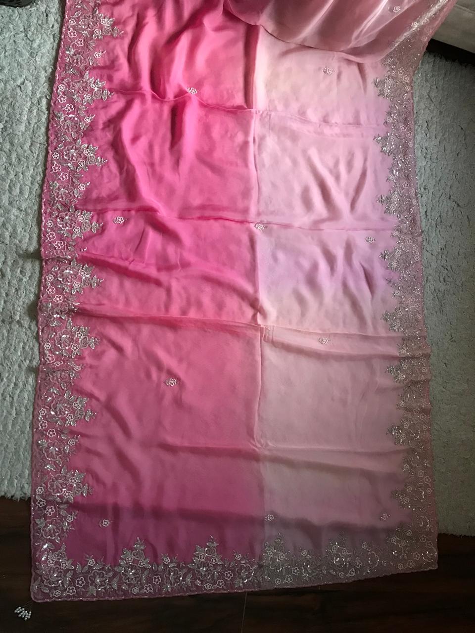 Ombré Shaded Pink Premium Pure Organza Silk Saree with Pearl Sequins Handwork and Contrast Designer Blouse Piece.