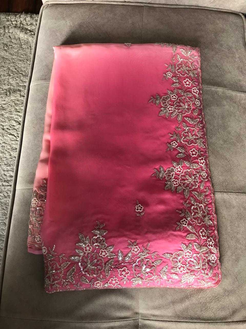 Ombré Shaded Pink Premium Pure Organza Silk Saree with Pearl Sequins Handwork and Contrast Designer Blouse Piece.