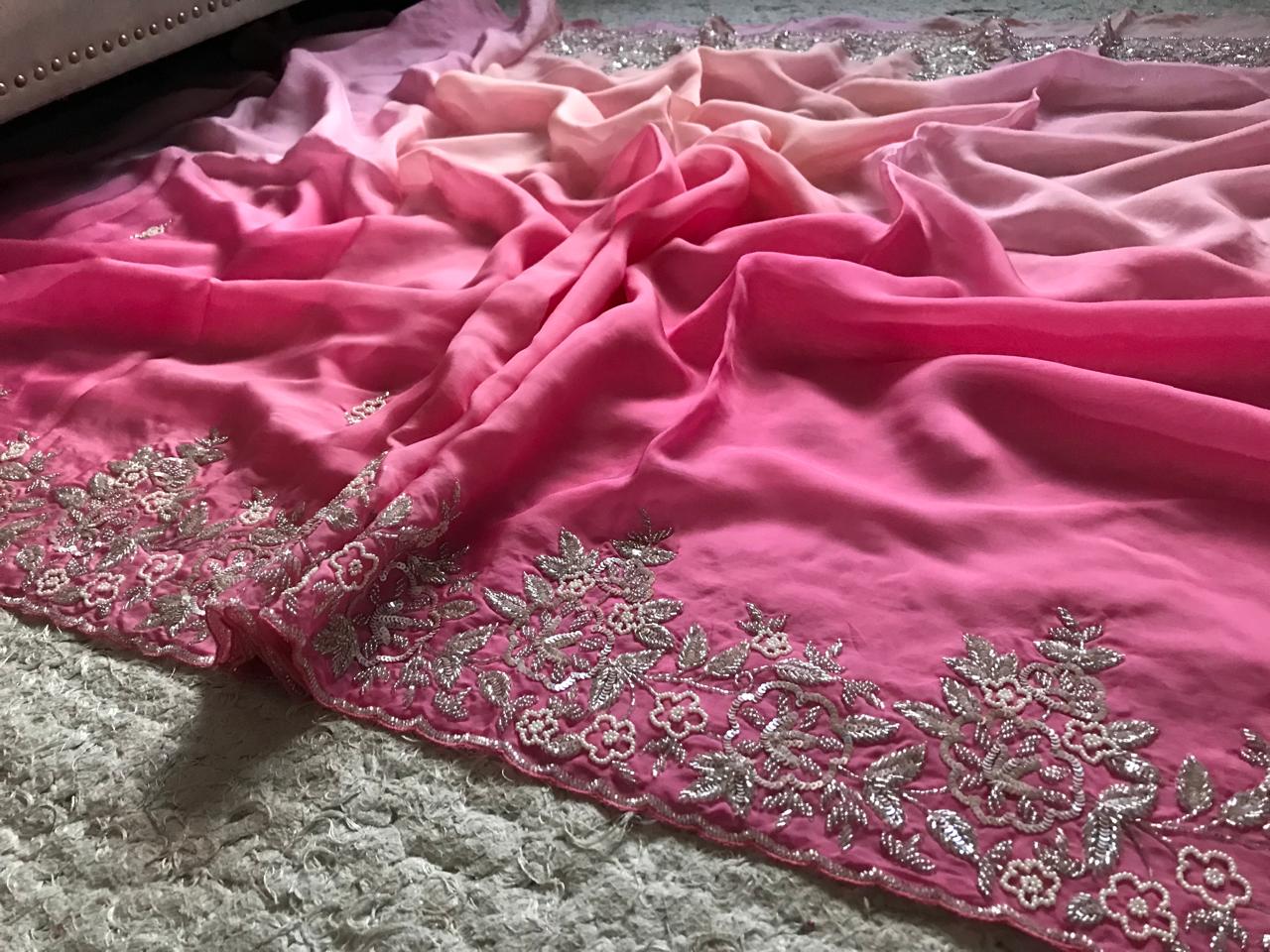 Ombré Shaded Pink Premium Pure Organza Silk Drapes Of Luxury Embellished With Pearl Sequins