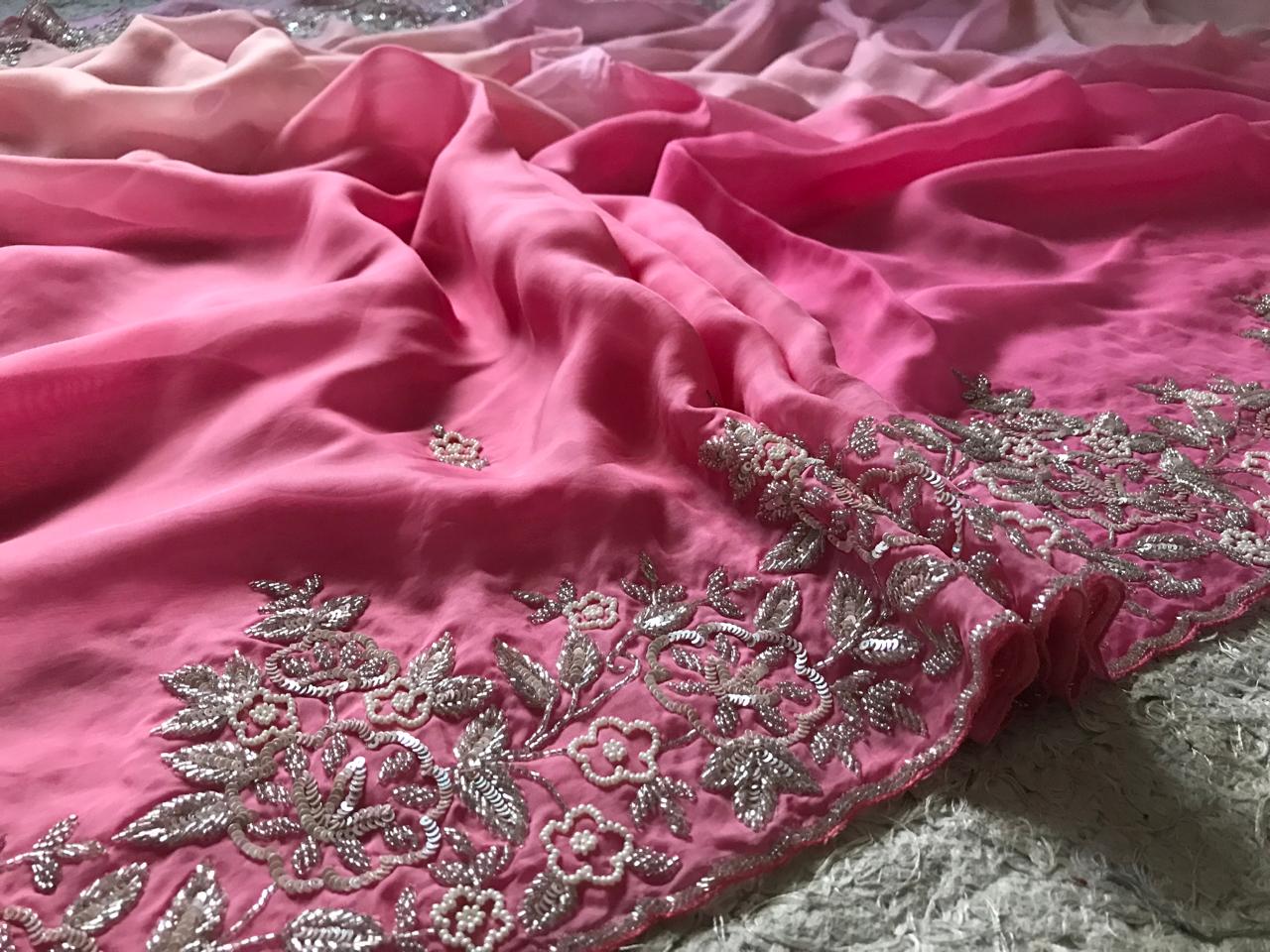 Ombré Shaded Pink Premium Pure Organza Silk Drapes Of Luxury Embellished With Pearl Sequins