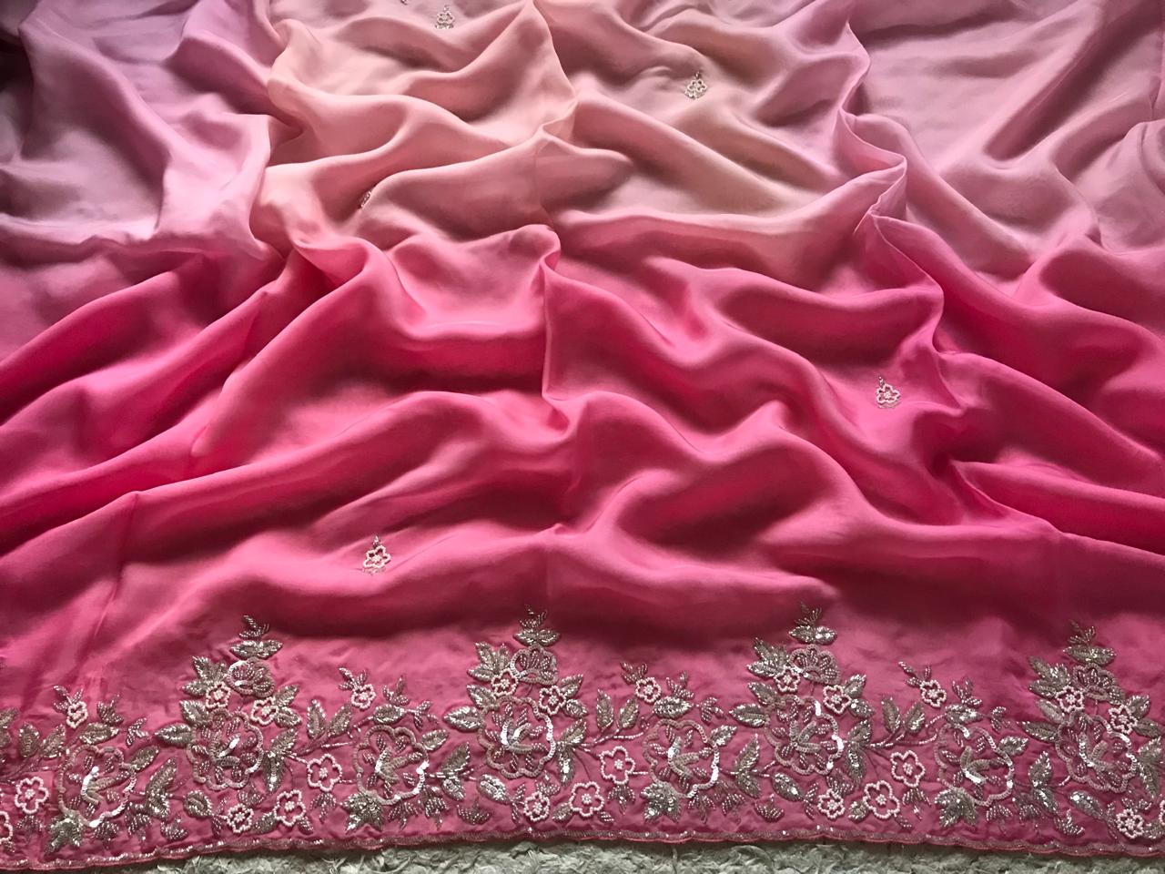 Ombré Shaded Pink Premium Pure Organza Silk Drapes Of Luxury Embellished With Pearl Sequins