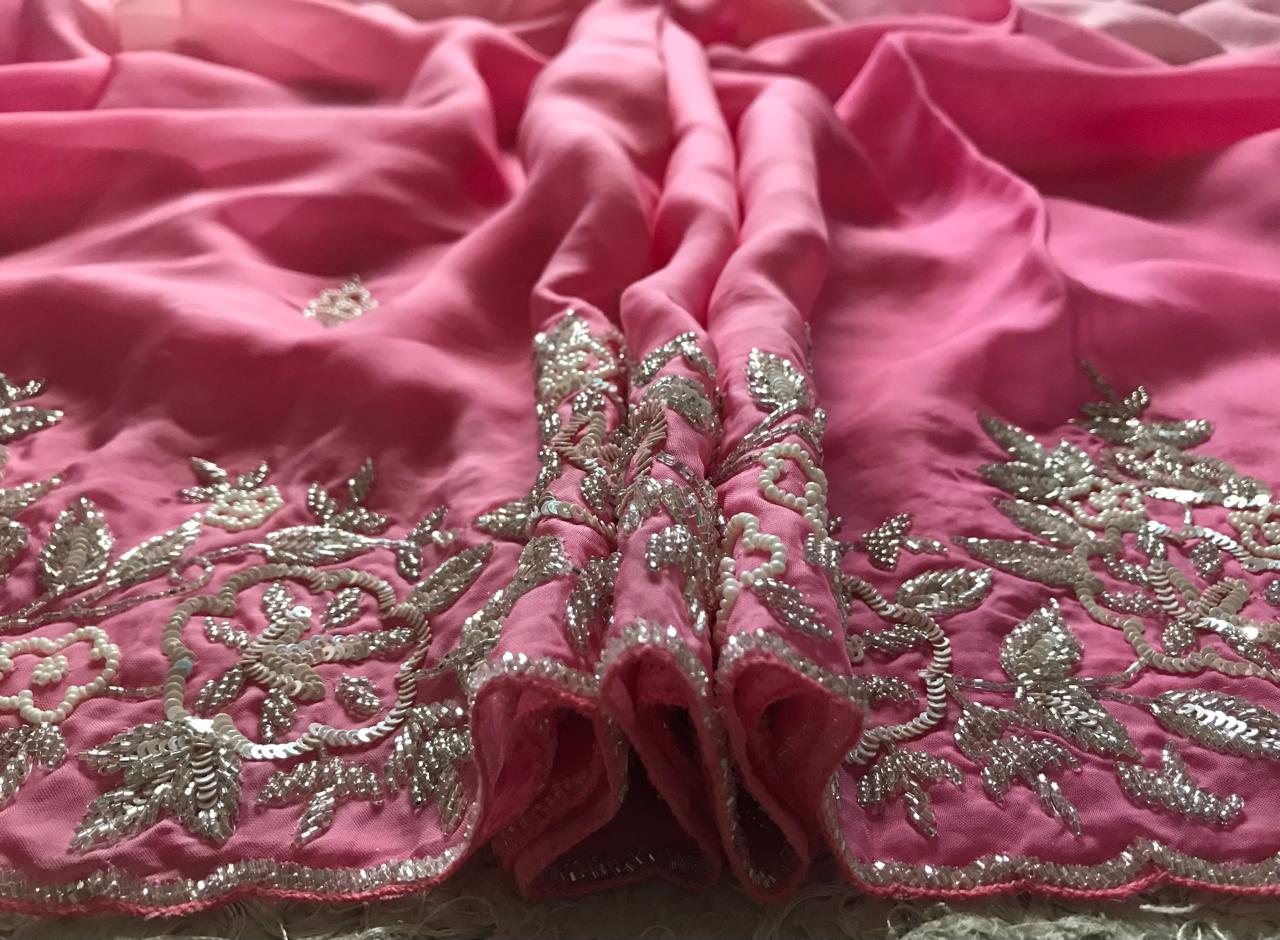 Ombré Shaded Pink Premium Pure Organza Silk Drapes Of Luxury Embellished With Pearl Sequins