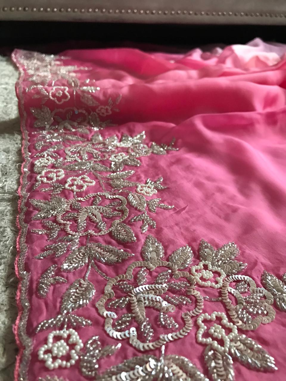 Ombré Shaded Pink Premium Pure Organza Silk Drapes Of Luxury Embellished With Pearl Sequins